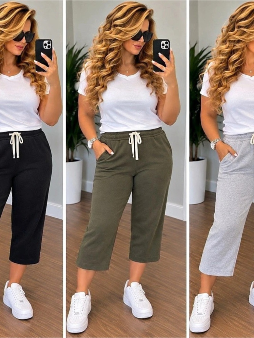 3-Pack Women’s Straight-Leg Capri Sweatpants – Size Small – Black, Olive & Gray
